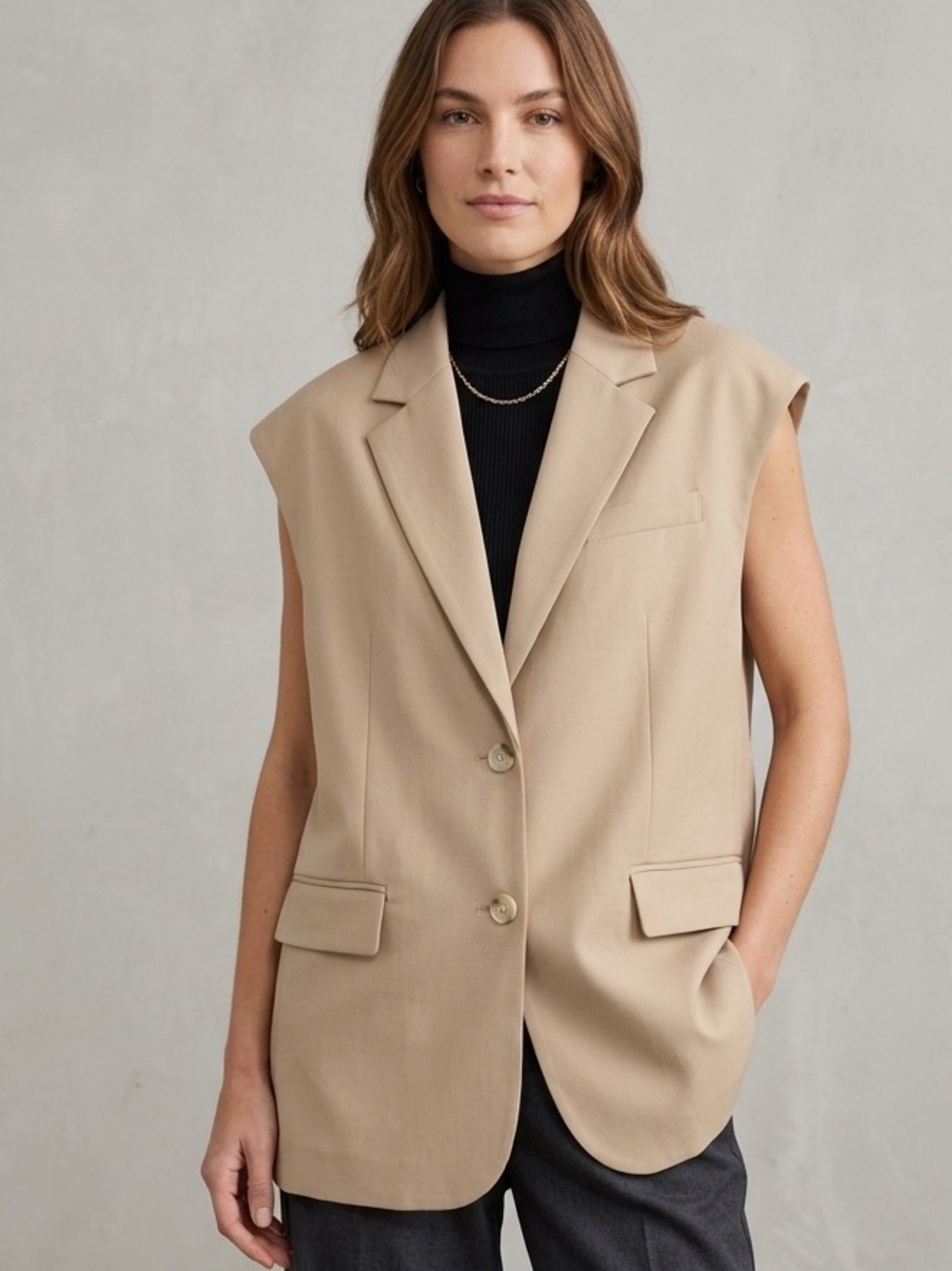 Theory Sz M/L Boxy Tan Twist Twill Relaxed Button Front Minimalist Vest